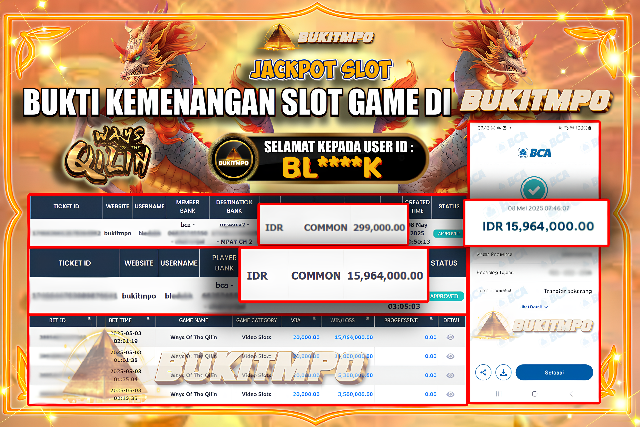 BUKITMPO JACKPOT SLOT Ways Of The Qilin Rp.15.964.000,- LUNAS